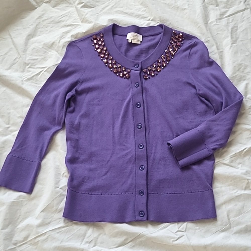 Kate Spade Rhinestone Collar Button Up Lilac Cardigan, Size XS